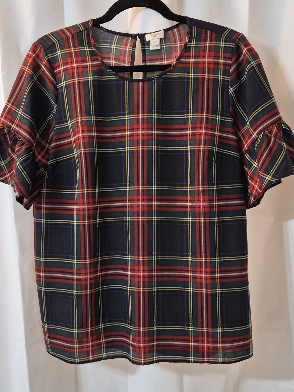 J. CREW Tartan Drapey Ruffle Sleeve Blouse Sz S